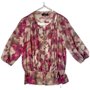 ANA Blouse Womens Medium Multicolor Floral Chiffon 3/4 Sleeve Ruffled Hem Pink